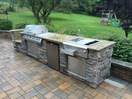 Giallo Ornamental Countertop with Natural Rock Counter Base, Deep Frier and Stainless Steel Barbecue